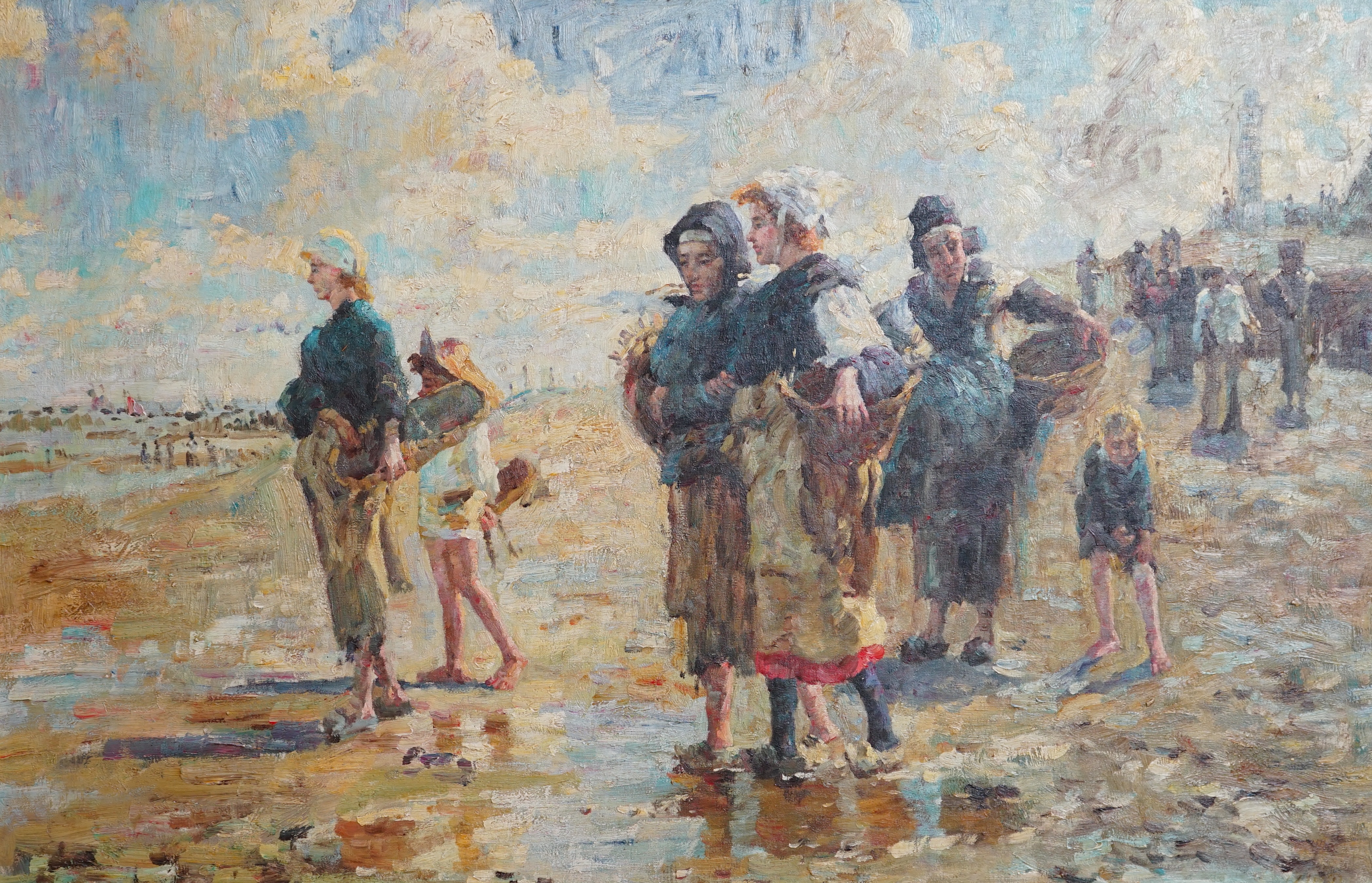 Modern British, oil on board, Beach scene with figures, unsigned, 59 x 90cm. Condition - good